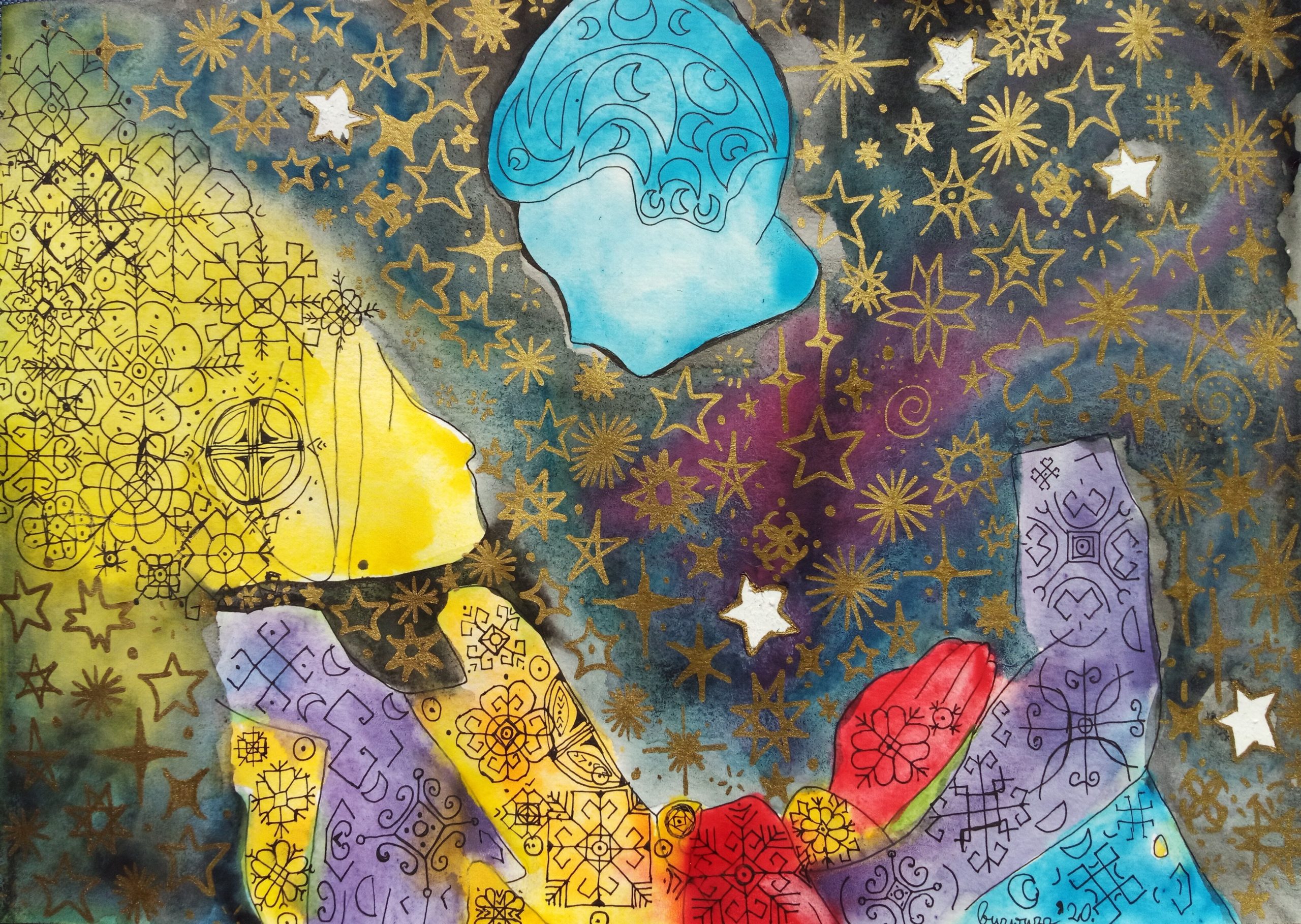 a colorful watercolor of Spuffy cuddling, overlaid with stars and ornaments